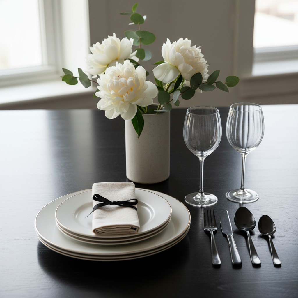 A table setting with plates, napkin, utensils, wine glasses and flowers on a black wood table, view of two windows.